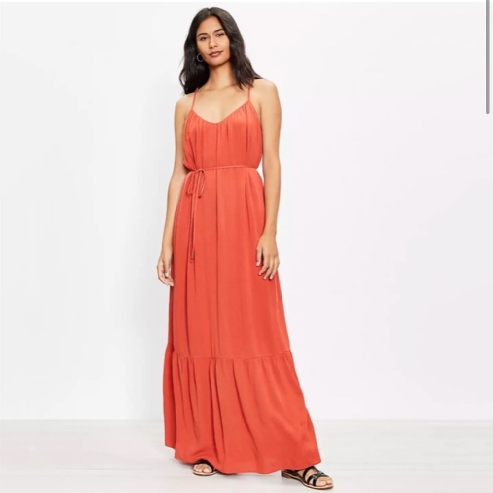 NWT LOFT Strappy Tiered Burnt Orange Maxi Dress